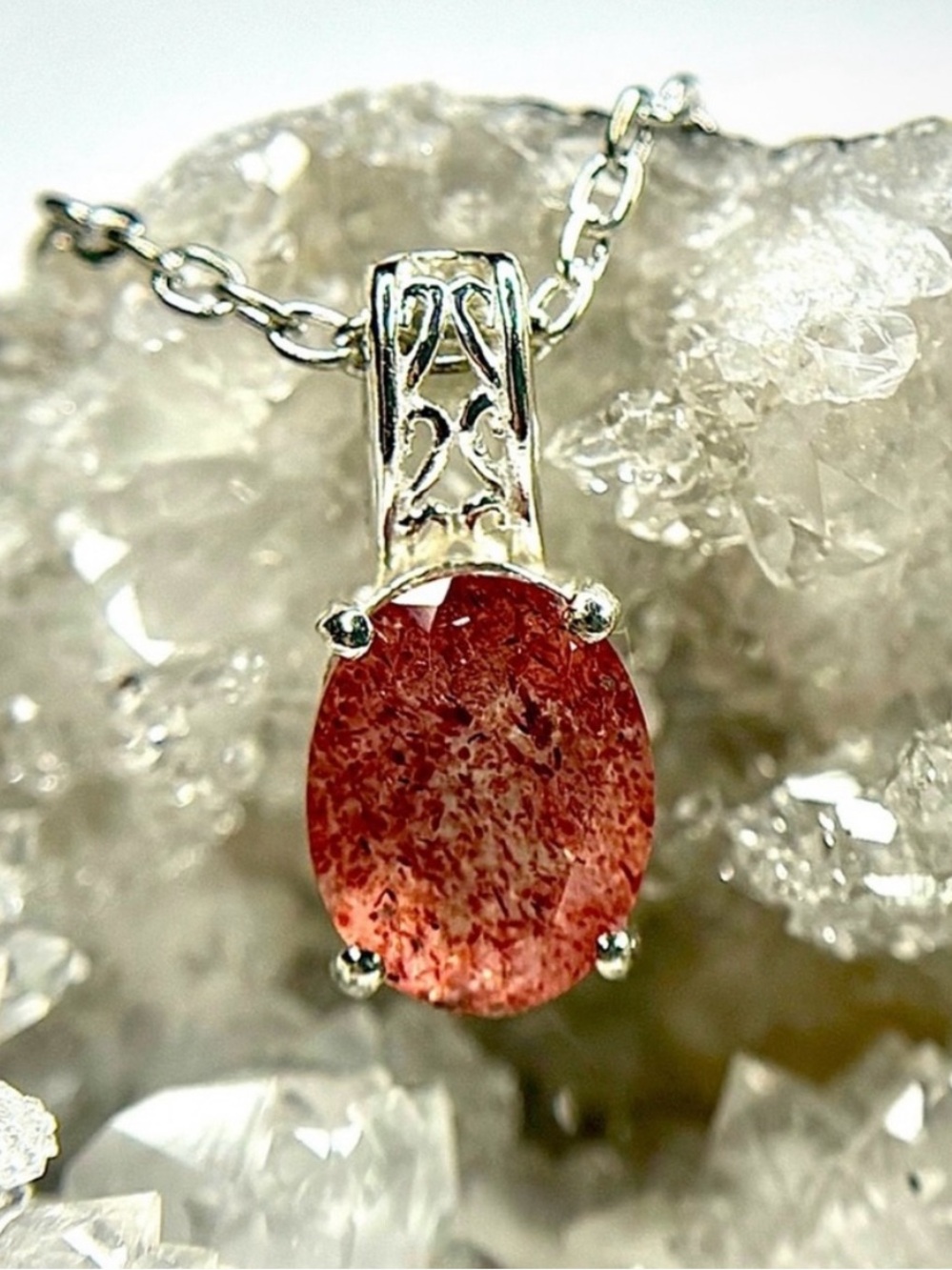 Cherry Quartz Solid Sterling Silver Pendant 925